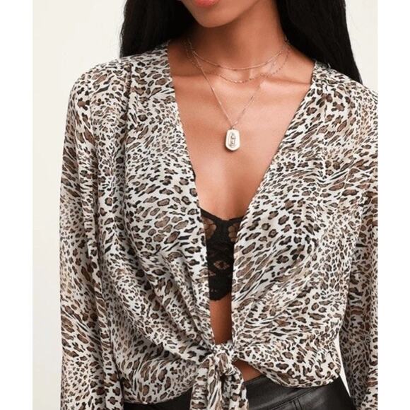Lulus Vivaldi Taupe Leopard Print Sheer Tie-Front Top Women’s Size Small NWOT - Picture 1 of 10